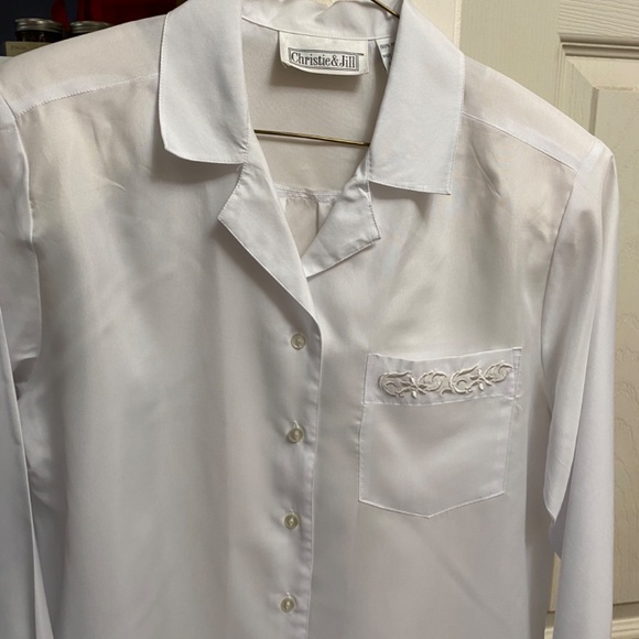 Vintage Christie & Jill White Embroidered Pocket Button Up Long Sleeve Blouse 10 - Picture 5 of 5